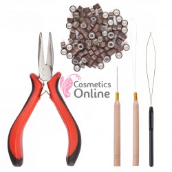 Set pentru extensii de par cu cleste SMR04D, 100 microring si accesorii, Saten Mediu 52635 